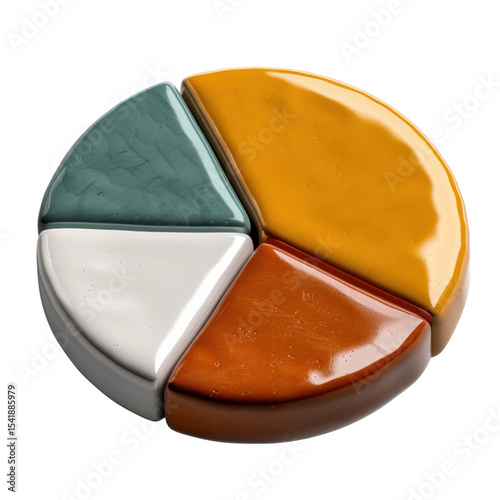 Colorful ceramic pie chart sculpture with four distinct segments orange, yellow, green, and white, showcasing artistic design and vibrant colors Transparent background or PNG