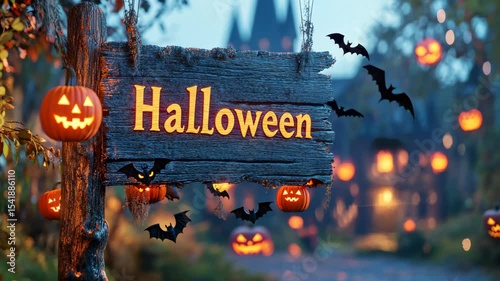 Halloween wooden sign with glowing pumpkins, bats, and spooky decorations. Festive autumn atmosphere, perfect for holiday promotions, party invitations, seasonal decor concepts