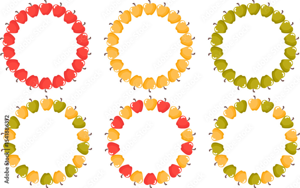 Vector set of round apple frames. Round frames with fruits, autumn theme, posters and packaging. Simple flat style isolated on white background, perfect for seasonal compositions and decorative elemen