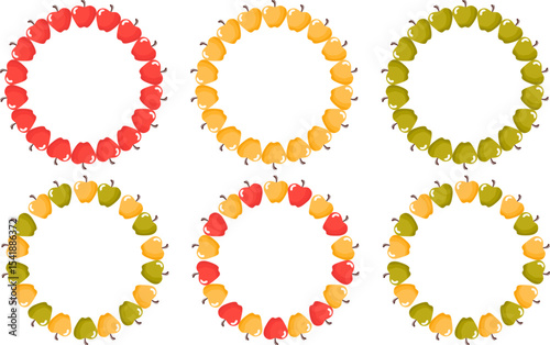 Vector set of round apple frames. Round frames with fruits, autumn theme, posters and packaging. Simple flat style isolated on white background, perfect for seasonal compositions and decorative elemen