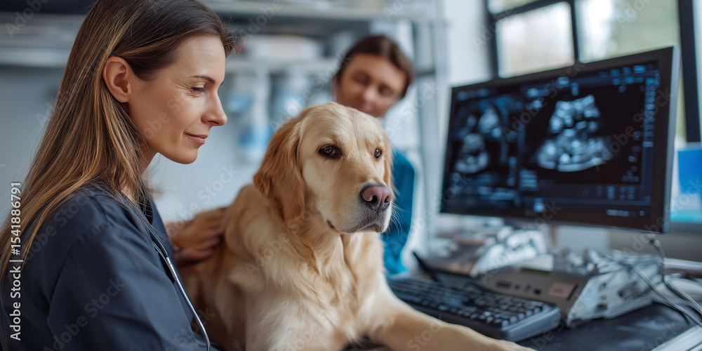 custom made wallpaper toronto digitalSide view of a veterinarian and assistant performing an ultrasound scan on a pregnant dog, all equipment visible.