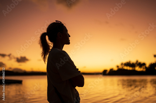 silhouette of a beautiful woman at sunset	
