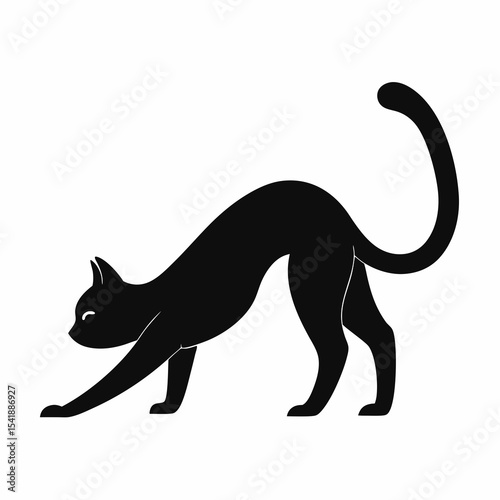A silhouette of a stretching cat in downward dog pose, elongated body and arched tail, vector illustration on white background.



