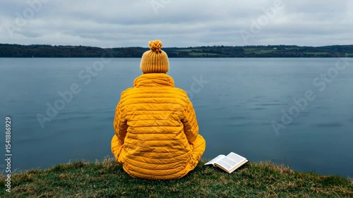 Person in yellow jacket and hat sitting alone by a calm lake with an open book on the ground. Concept of solitude, mindfulness, digital detox, and quiet reflection in nature