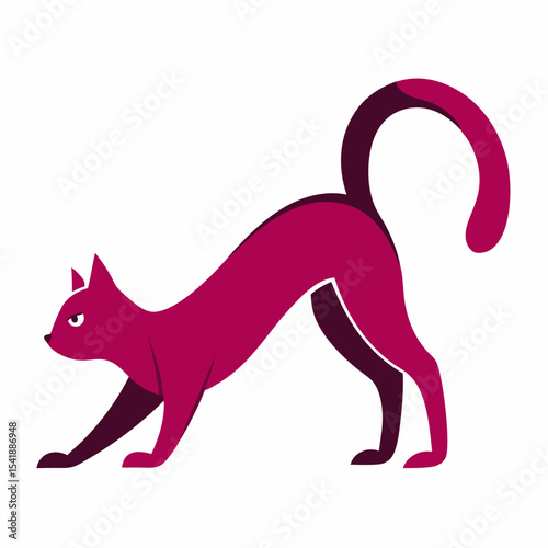 A silhouette of a stretching cat in downward dog pose, elongated body and arched tail, vector illustration on white background.



