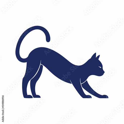A silhouette of a stretching cat in downward dog pose, elongated body and arched tail, vector illustration on white background.



