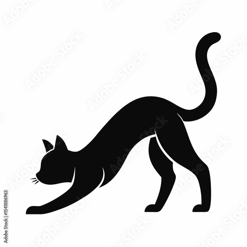 A silhouette of a stretching cat in downward dog pose, elongated body and arched tail, vector illustration on white background.



