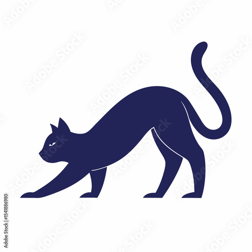 A silhouette of a stretching cat in downward dog pose, elongated body and arched tail, vector illustration on white background.



