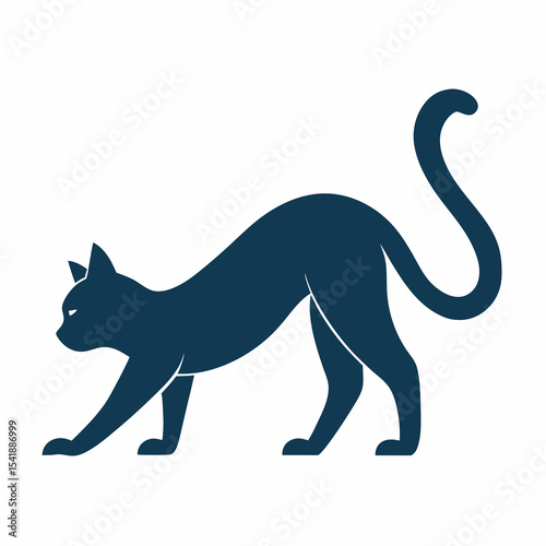 A silhouette of a stretching cat in downward dog pose, elongated body and arched tail, vector illustration on white background.



