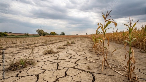 Drought-damaged farmland with cracked dry soil
Severely parched agricultural fields with cracked soil and withered crops, illustrating drought impact, climate change, and water scarcity in farming.

