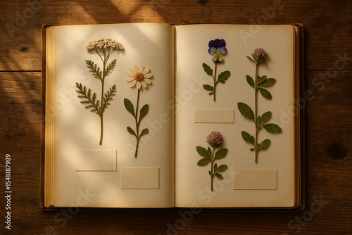 Herbarium showcasing pressed flowers in a vintage book on a wooden table illuminated by sunlight