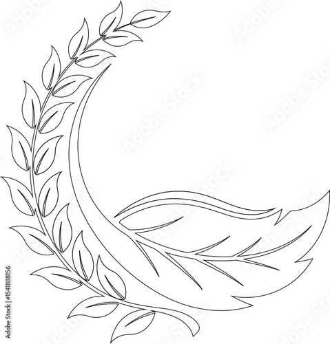 A graceful black-and-white illustration of a vine with leaves and a prominent feather. This design is perfect for botanical-themed projects, logo creation, or any artistic endeavor that celebrates nat