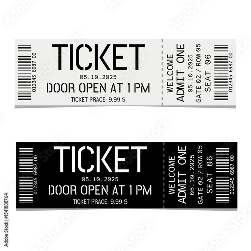 Plain white and black event tickets. Simple blank design for concerts, theaters, and parties. 