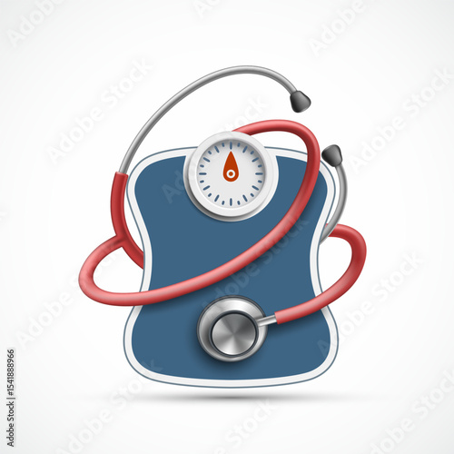 Weighing scales next to a medical stethoscope. Isolated on white background. Vector illustration