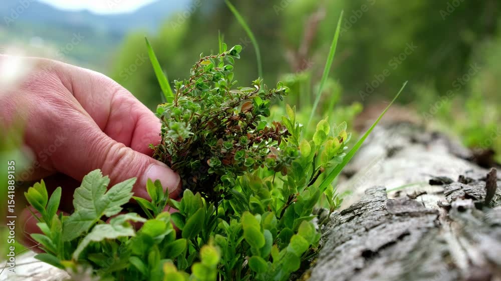 A human hand with thyme (Thymus vulgaris) leaves delicately touches tender blueberry leaves. Wild plants growing in an alpine meadow ecosystem. Biodiversity and ecological harmony. A human hand with thyme (Thymus vulgaris) leaves delicately touches tender blueberry leaves. Wild plants growing in an alpine meadow ecosystem. Biodiversity and ecological harmony.