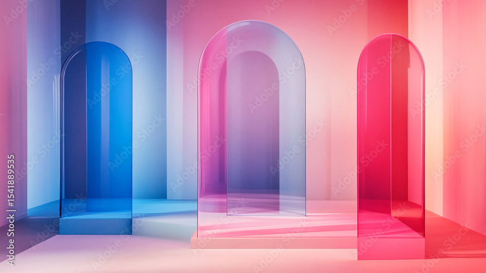 Fototapeta premium Translucent arches in pink and blue hues create modern backdrop