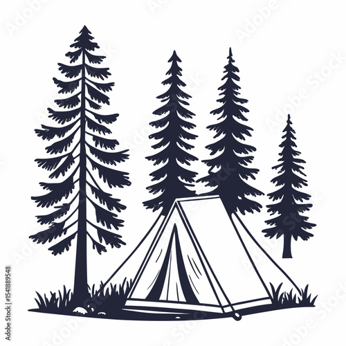 Vintage Camping Silhouette Vector with Tent, Trees, and Night Sky