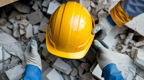 Rescue workers retrieve yellow hard hat from earthquake rubble. Concept of natural disaster, earthquake aftermath, emergency response, safety gear, search and rescue operations