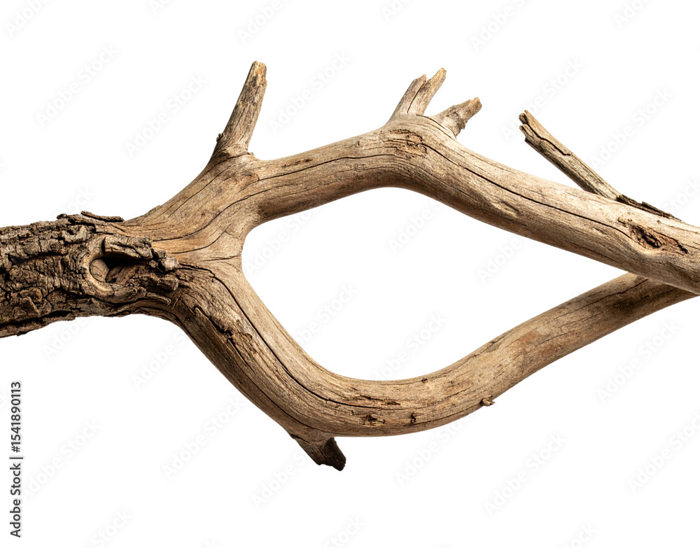 Obraz premium Weathered Curved Wooden Branch with Knots and Cracks Isolated.