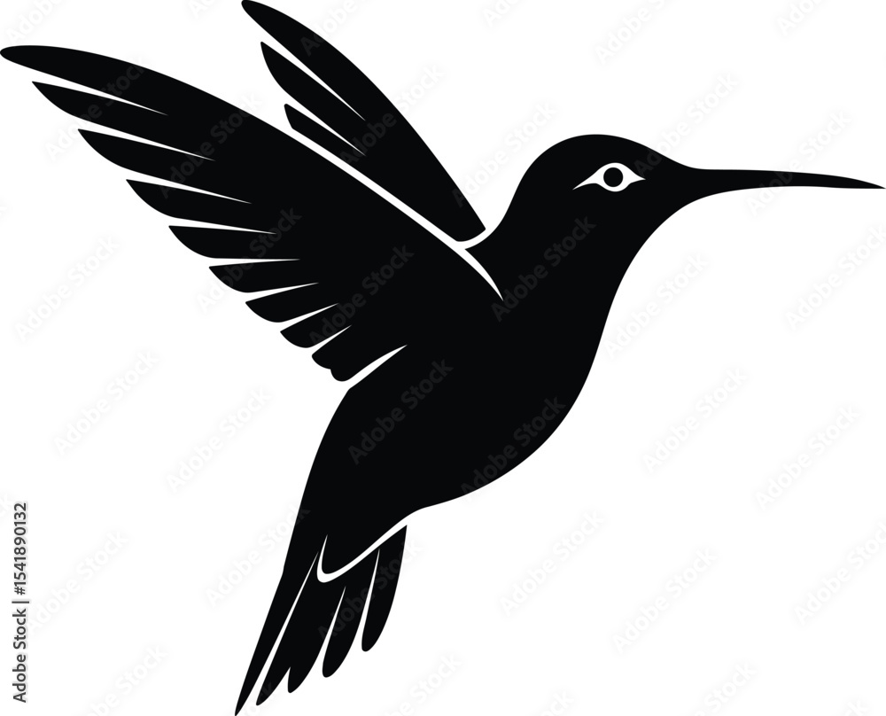 Fototapeta premium A sleek black silhouette of a hummingbird in flight, showcasing its delicate wings and graceful form. This design is perfect for nature-themed projects, logos, or any artistic work celebrating the bea