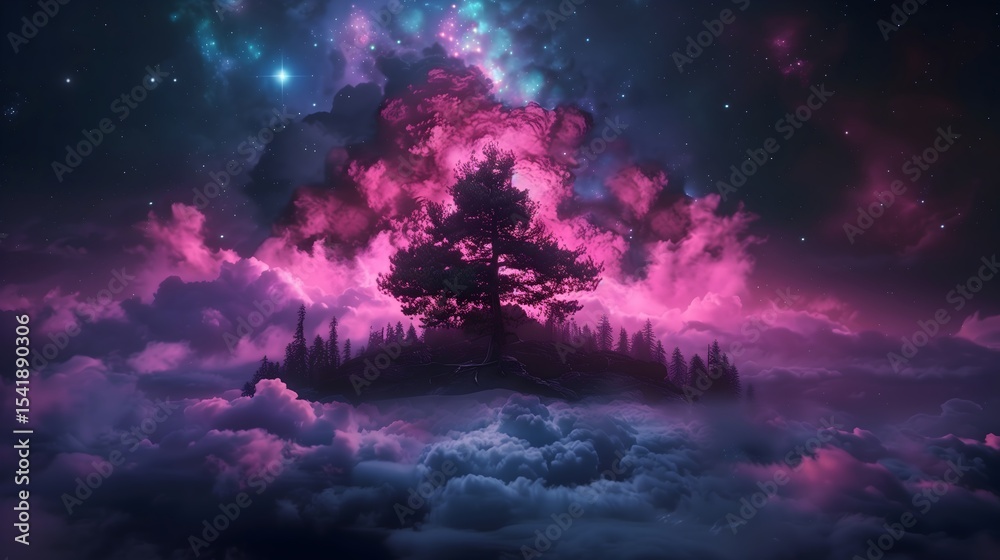Obraz premium Majestic tree stands alone amidst vibrant cosmic clouds and stars
