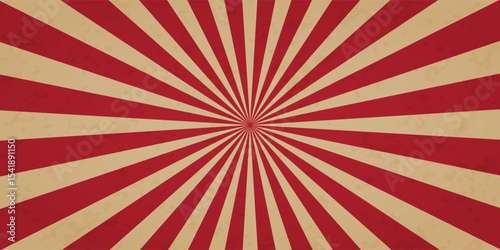 Circus marquee pattern, vintage carnaval background, red circle rays on beige. Abstract bg with grunge texture for poster, flyer, summer holidays. Vector illustration of marquee strip, old paper bg.