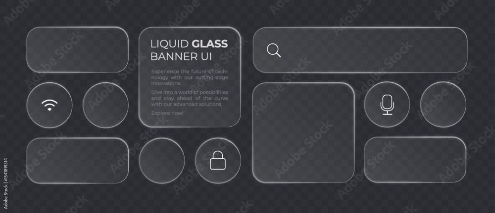 Liquid glass smartphone icon interface isolated for dark theme. White ui light frame square and circle banner with glow stroke. Control center widget for smartphone and web app, vector illustration.