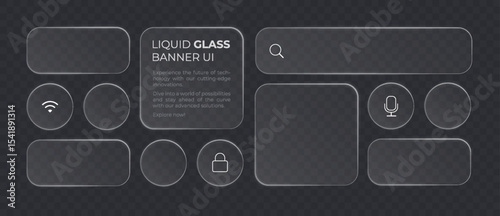 Liquid glass smartphone icon interface isolated for dark theme. White ui light frame square and circle banner with glow stroke. Control center widget for smartphone and web app, vector illustration.