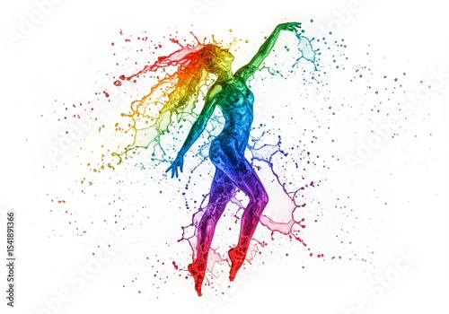 Colorful dancer leaps joyfully through vibrant splashes of paint in creative expression Generative AI