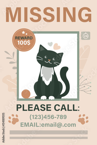 Missing cat poster with cartoon pet. Concept of lost domestic animal. Paper ad on the wall about the missing cat. Pet search. Vertical poster or banner template