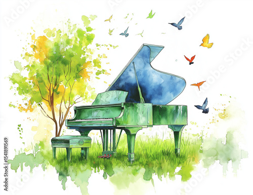 Watercolor and blue green-and-white line art illustration of an open blue grand piano with a nature background green grass on the ground.