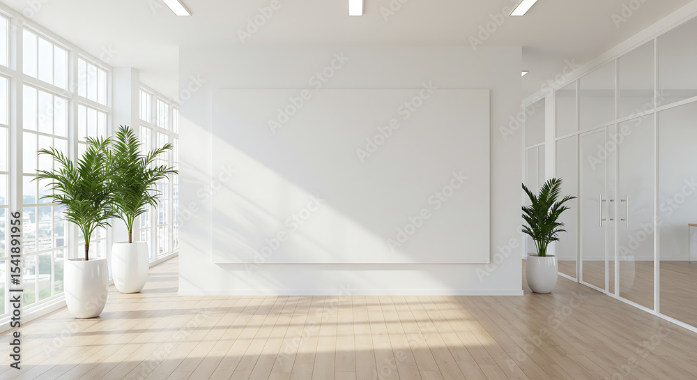 Fototapeta premium Bright Modern Office Space with Large Windows and Indoor Plants Contemporary Interior Design for Business Presentation or Mockup in Clean Minimalist Style with Natural Light