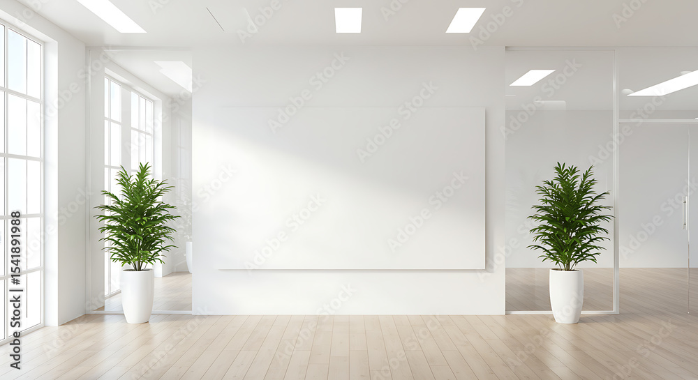 Fototapeta premium Bright Modern Office Interior with Blank Canvas and Potted Plants A Contemporary Workspace Showcasing Minimalism and Natural Elements for a Productive and Inspiring Environment