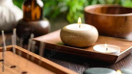 Close-up display of acupuncture needles, aromatic candles, and massage stones for holistic therapy and wellness in a serene environment