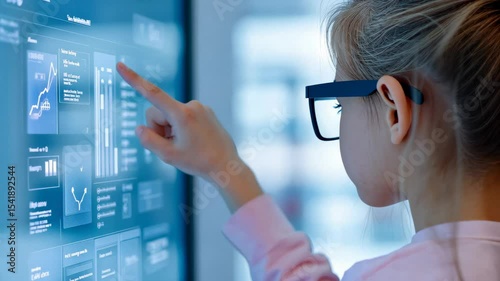 Young girl using smart home touchscreen interface, interacting with digital dashboard. Concept of smart house, future technology, IoT, modern living, home automation, and intelligent control