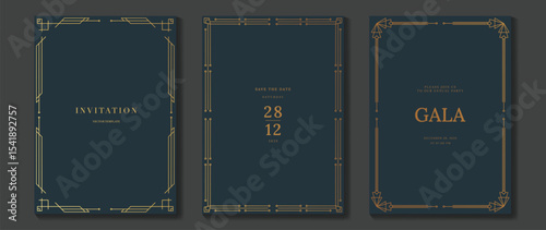Luxury wedding invitation card background vector. Golden elegant gold frame on navy blue background. Premium design illustration for wedding and vip cover template, banner, poster.