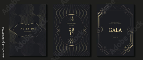Luxury wedding invitation card background vector. Golden elegant gold wavy lines and frame on dark background. Premium design illustration for wedding and vip cover template, banner, poster.