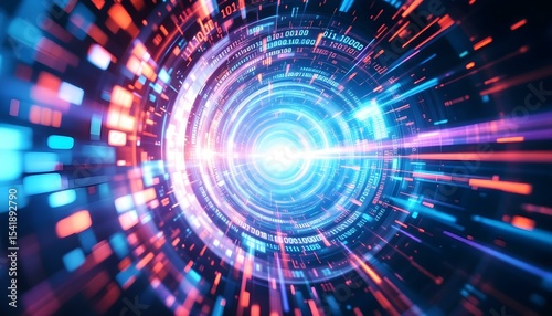 Abstract digital vortex with swirling binary code and light trails, high-energy tech background .