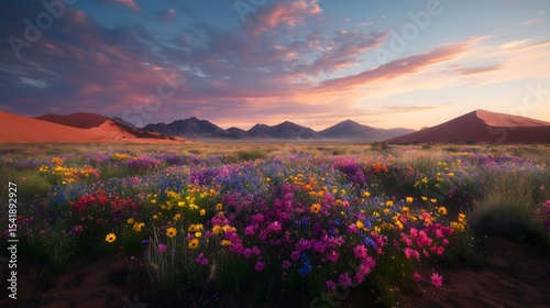 Vibrant wildflower bloom transforms arid desert landscape at sunset near the mountains