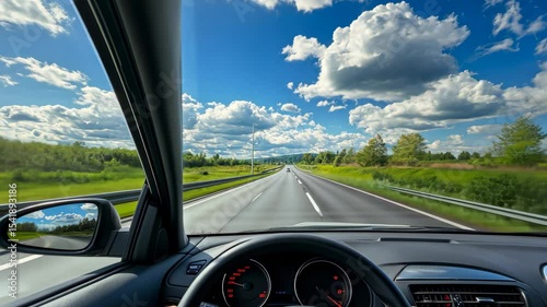 View from inside a car driving on an empty highway under a blue sky with clouds. Concept of road trip, freedom, travel, summer driving, adventure, and modern transportation
