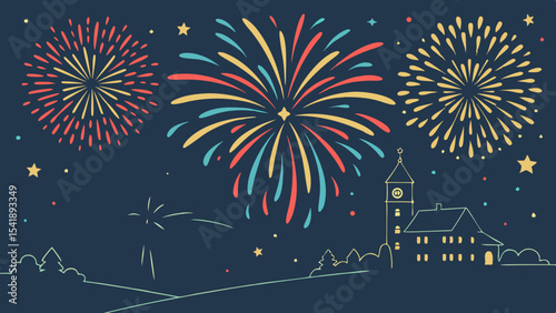 Celebration Night Fireworks: A captivating illustration of a celebratory night sky filled with bursts of fireworks illuminating a serene landscape with charming silhouettes.