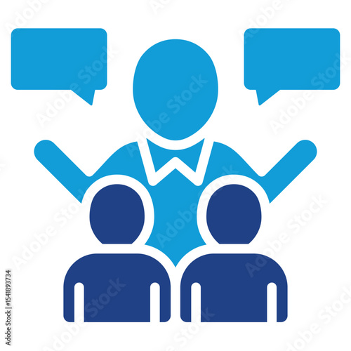 Public Speaking Glyph Dual Tone Blue Fill Silhouette Style Icon - A speaker addressing two listeners with speech bubbles, indicating small group communication