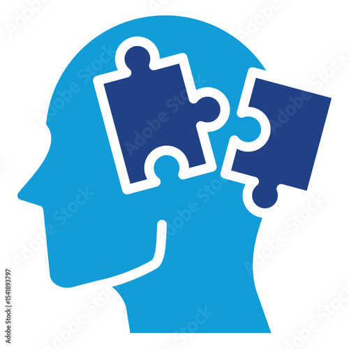 Puzzle Mind Glyph Dual Tone Blue Fill Silhouette Style Icon - A human head with puzzle pieces, symbolizing cognitive processes and problem-solving