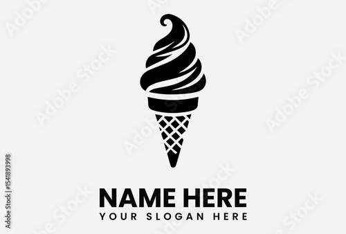 A stylized black and white illustration of a soft serve ice cream cone.