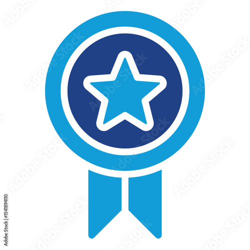 Achievement Badge Glyph Dual Tone Blue Fill Silhouette Style Icon - Circular badge with star and ribbon, representing achievement, award, and recognition