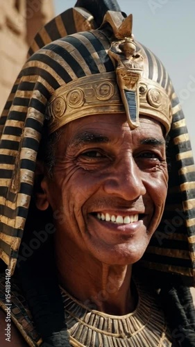 Majestic Egyptian pharaoh smiles warmly at the viewer while standing in front of ancient temples under a clear blue sky in a vibrant 3D animation scene. Generative AI