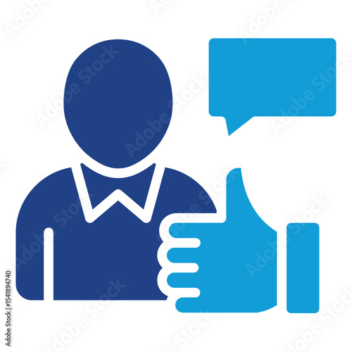 Feedback Approval Glyph Dual Tone Blue Fill Silhouette Style Icon - Person with thumbs up and chat bubble, symbolizing positive feedback and communication