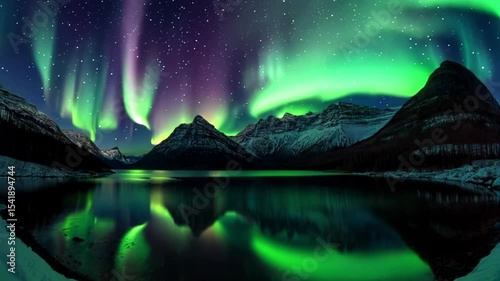 Majestic aurora borealis dances above frozen lake and snowy peaks in stunning 3D animation showcasing nature's wonders. Generative AI