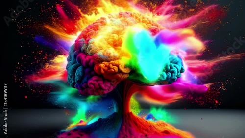 Colorful dust explosions illustrate the thinking process within a brain, showcasing a vibrant fusion of creativity and artificial intelligence in 3D animation. Generative AI