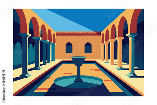 Serene Courtyard Architectural Illustration of a Tranquil Oasis